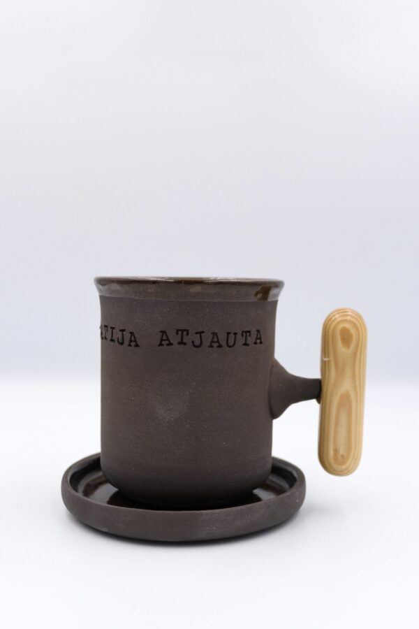 Mindful black mug with natural wood handle “Awareness Emphaty Compassion”
